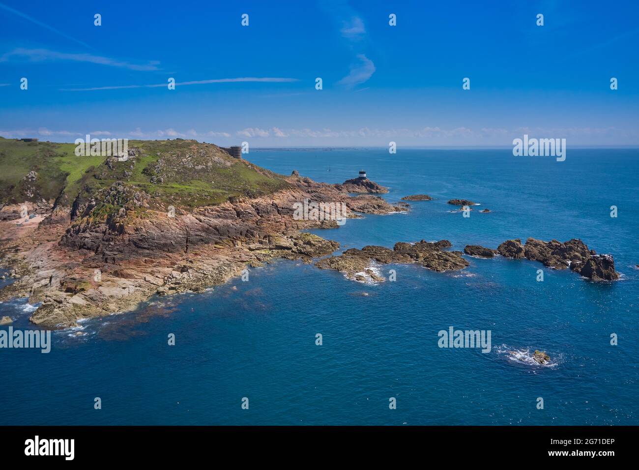 Aerial Drone image of Noirmont Point, Jersey Channel Islands with blue sky  and calm sea Stock Photo - Alamy