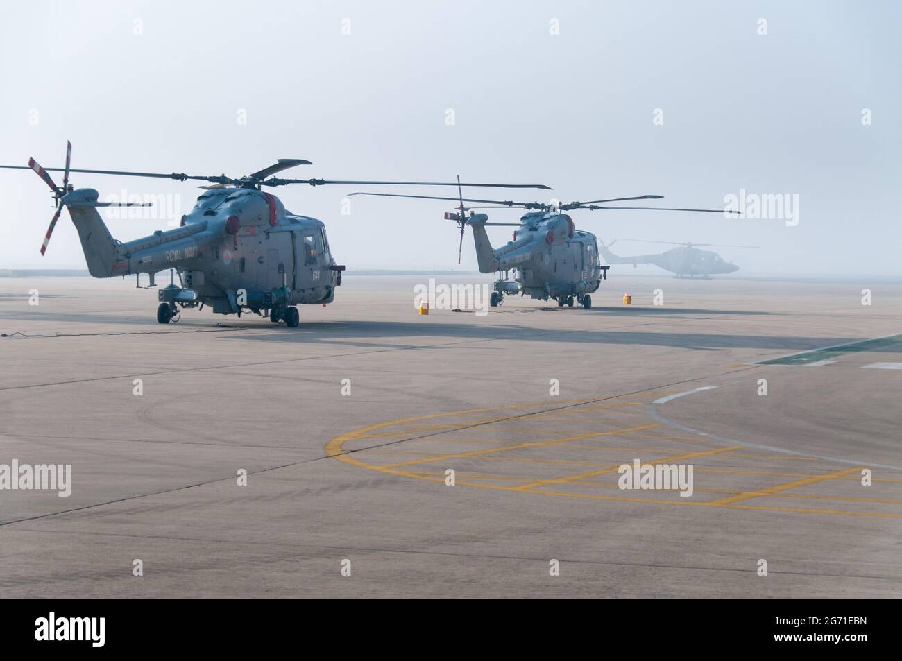 Royal Navy Lynx HMA8 helicopters of the Fleet Air Arm at Royal Naval Air Station Yeovilton the base for the Lynx fleet until their retirement from naval service in 2017 Stock Photo