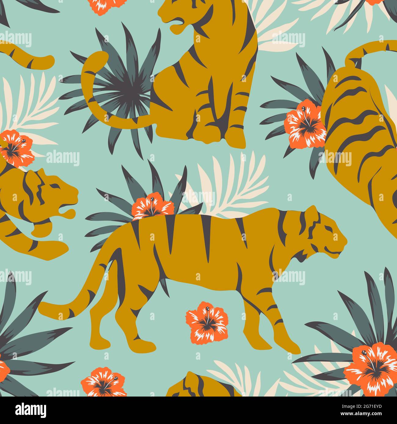 Vector illustration of tigers with tropical leaves and exotic plants on ...