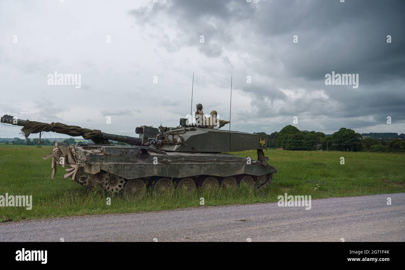 close up of a British Army military Challenger 2 Main Battle Tank in action   on Salisbury Plain UK Stock Photo