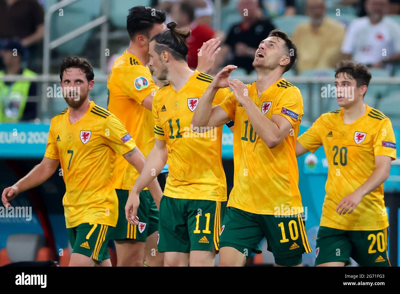 File photo dated 16-06-2021 of Wales' Aaron Ramsey celebrates scoring their side's first goal of the game during the UEFA Euro 2020 Group A match at the Baku Olympic Stadium in Azerbaijan. Picture date: Wednesday June 16, 2021. Issue date: Saturday July 10, 2021. Stock Photo