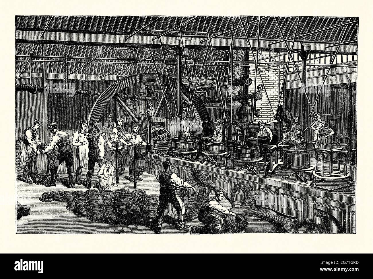 An old engraving of the outer, iron wire covering of the transatlantic telegraph cables being made at the factory of Webster & Horsfall, Birmingham, England, UK c.1865. It is from a book of the 1890s on Victorian discoveries and inventions during the 1800s. The cables themselves were manufactured by Glass, Elliot and Company in Greenwich, London. The cables were laid under the Atlantic Ocean for telegraph communications. This second cable was laid in 1865 from Brunel’s ship SS Great Eastern. The cable broke in mid-Atlantic; after many rescue attempts, it was abandoned. Stock Photo