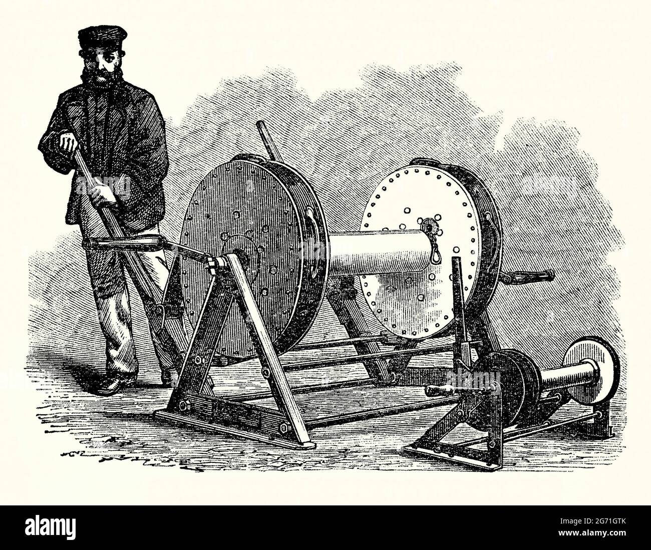 An old engraving of a Harvey’s Torpedo control winch. It is from a Victorian book of the 1890s on discoveries and inventions during the 1800s. It was invented Britain in the late 1860s by Frederick Harvey and John Harvey. The torpedo or mine was an improvement on existing designs where it was suspended on a spar over the bow of the ship. The Harvey torpedo involved an explosive charge attached to a line that, using buoys and winches, was projected away from the boat carrying it, making it less dangerous to detonate. Here an operator controls a winch used to pay out the tow-rope to the mine. Stock Photo