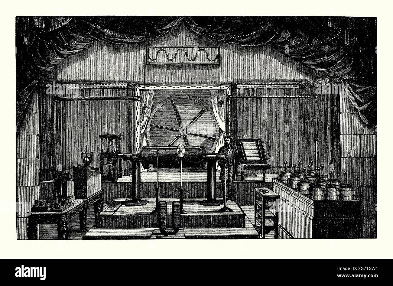 An old engraving of an induction coil, demonstrated at the Polytechnic Institution in London, England, UK c.1877. It is from a book of the 1890s on Victorian discoveries and inventions during the 1800s. An induction coil (or spark or Ruhmkorff coil) is an electrical transformer (the first) used to produce high-voltage pulses from a low-voltage direct current (DC) supply. This large induction coil, made in 1877 by British instrument maker Alfred Apps for scientist William Spottiswoode, could produce a spark 40 inches (100 cm) long, corresponding to a voltage of roughly 1,200,000 volts. Stock Photo