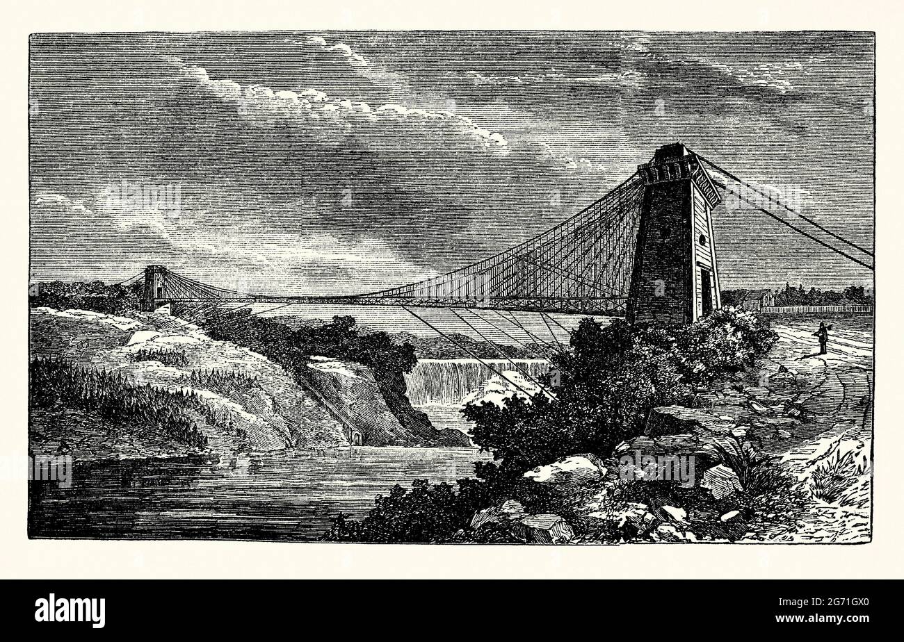 An old engraving of the Niagara Clifton Bridge c. 1870. It is from a Victorian book of the 1890s on discoveries and inventions during the 1800s. The Niagara Clifton Bridge (or the first ‘Falls View Suspension Bridge’) was a suspension bridge over the Niagara River between Niagara Falls, New York, USA and Clifton, Ontario, Canada. It was designed by Samuel Keefer, with construction starting in 1867. Its span of over 1200 feet was the longest in the world at the time. It was officially opened for traffic in 1869 and was destroyed in a storm in 1889. Stock Photo