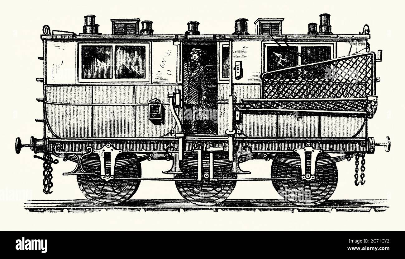 An old engraving of a British railway travelling post office carriage of the Victorian era. It is from a book of the 1890s on discoveries and inventions during the 1800s. A ‘Travelling Post Office’ (TPO) was a type of mail train used in Great Britain and Ireland where the post was sorted during the journey. Innovations were developed, such as the development of lineside pole and hook apparatus for picking up and setting down mailbags while travelling at speed. Here the netting device, projected out to capture lineside mailbags, is seen right. Stock Photo