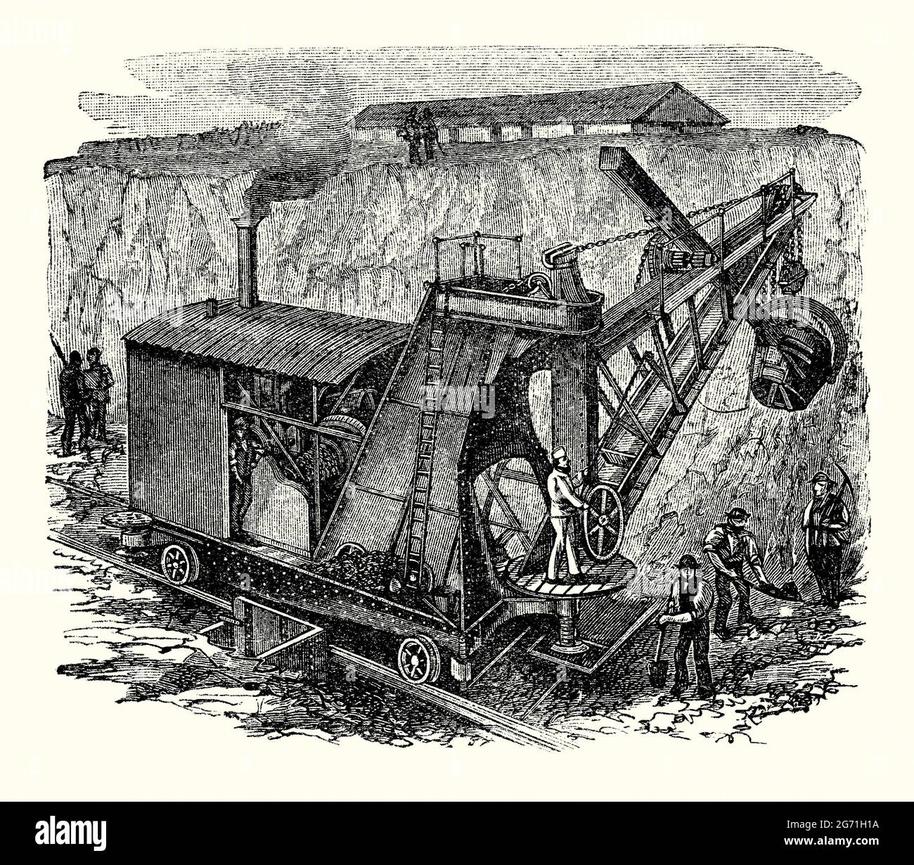 An old engraving of steam shovel or navvy during Victorian times. It is from a book of the 1890s on discoveries and inventions during the 1800s. A steam shovel is a large steam-powered excavating machine designed for lifting and moving material such as rock and soil. This version, an ‘English Steam Navvy’, uses a giant ladle or scoop to scrape up the side of a cutting. A steam locomotive with open trucks takes the spoil from the site. Stock Photo