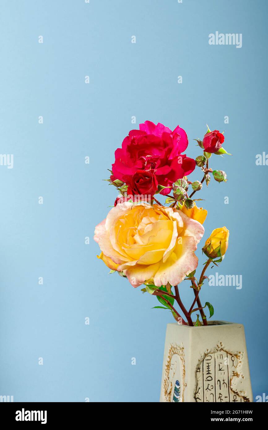Photography of a bouquet of natural flowers of red and yellow roses in