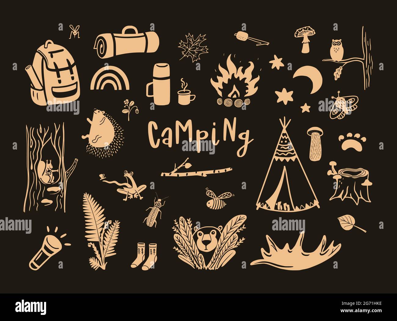 Camping hand drawn cute vector elements against the dark background ...