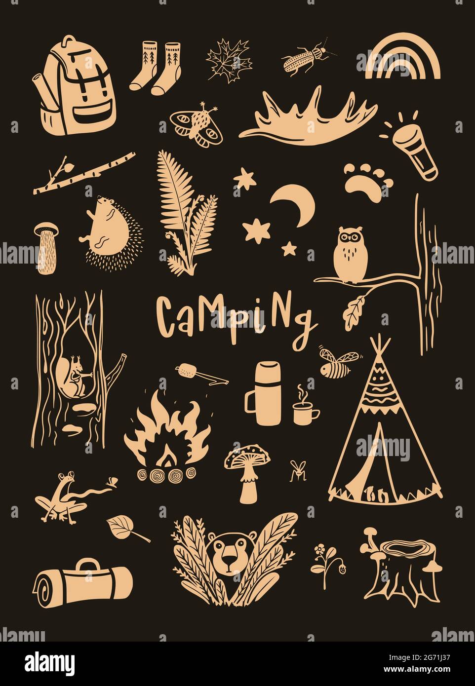 Camping hand drawn cute vector elements against the dark background Stock Vector