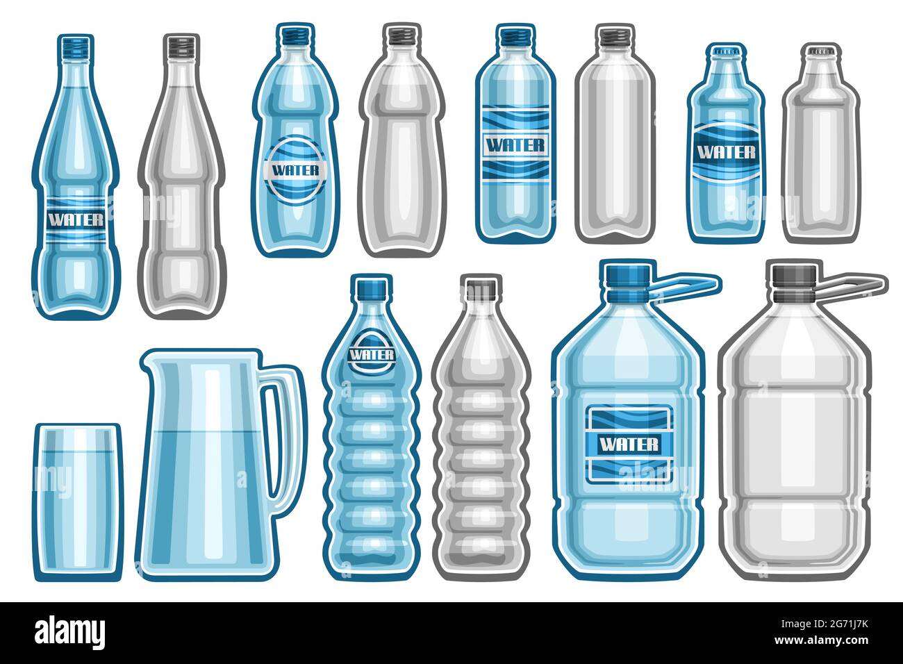 Vector Set of Water Bottles, lot collection of cut out illustrations assorted plastic and glass bottles with metal lid, blue jug and glass and plastic Stock Vector