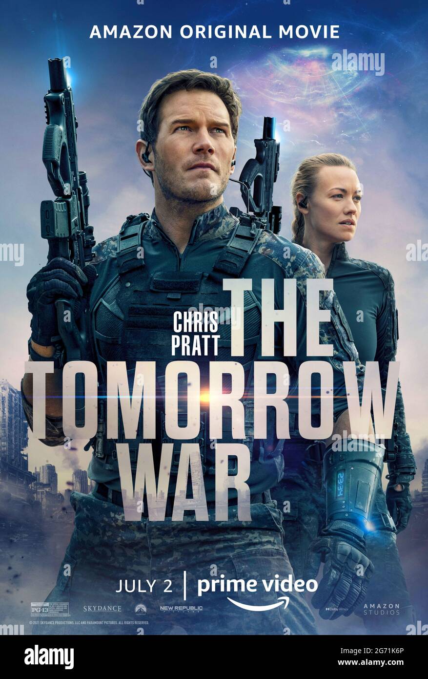 The Tomorrow War (2021) directed by Chris McKay and starring Chris Pratt, Yvonne Strahovski and J.K. Simmons. Time travellers from the future arrive with a dire warning of an alien invasion and on a mission to recruit fighters to fight in the future for their future. Stock Photo
