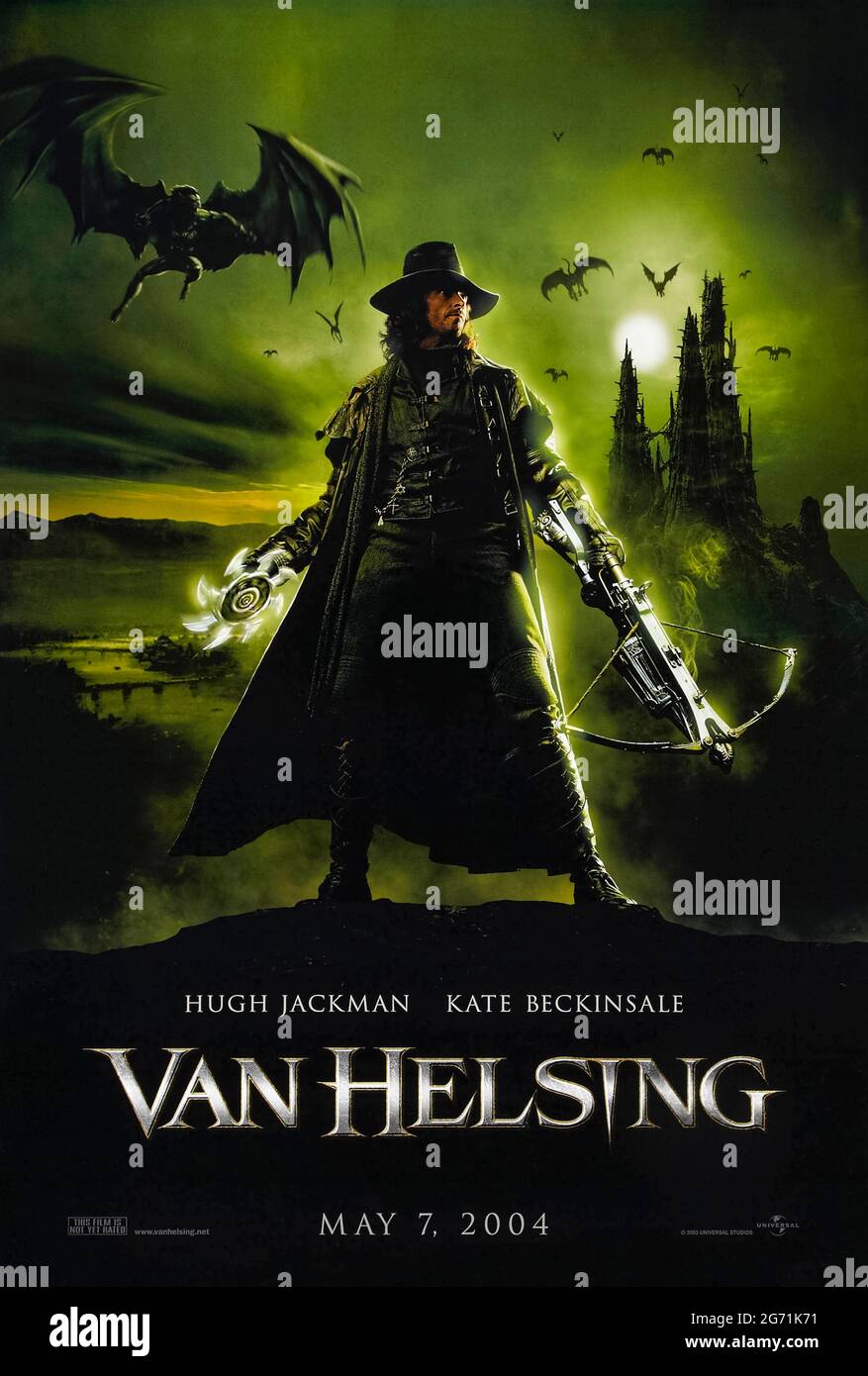 Van Helsing (2004) directed by Stephen Sommers and starring Hugh Jackman,  Kate Beckinsale and Richard Roxburgh. Gothic horror where the famed monster  hunter travels to Transylvania to face Count Dracula who is