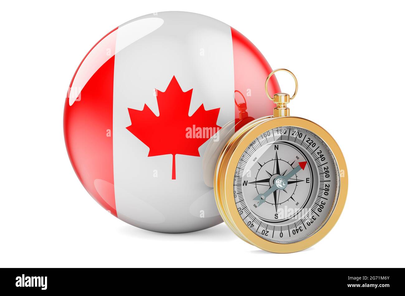 Compass with Canadian flag. Travel and tourism in Canada concept. 3D rendering isolated on white