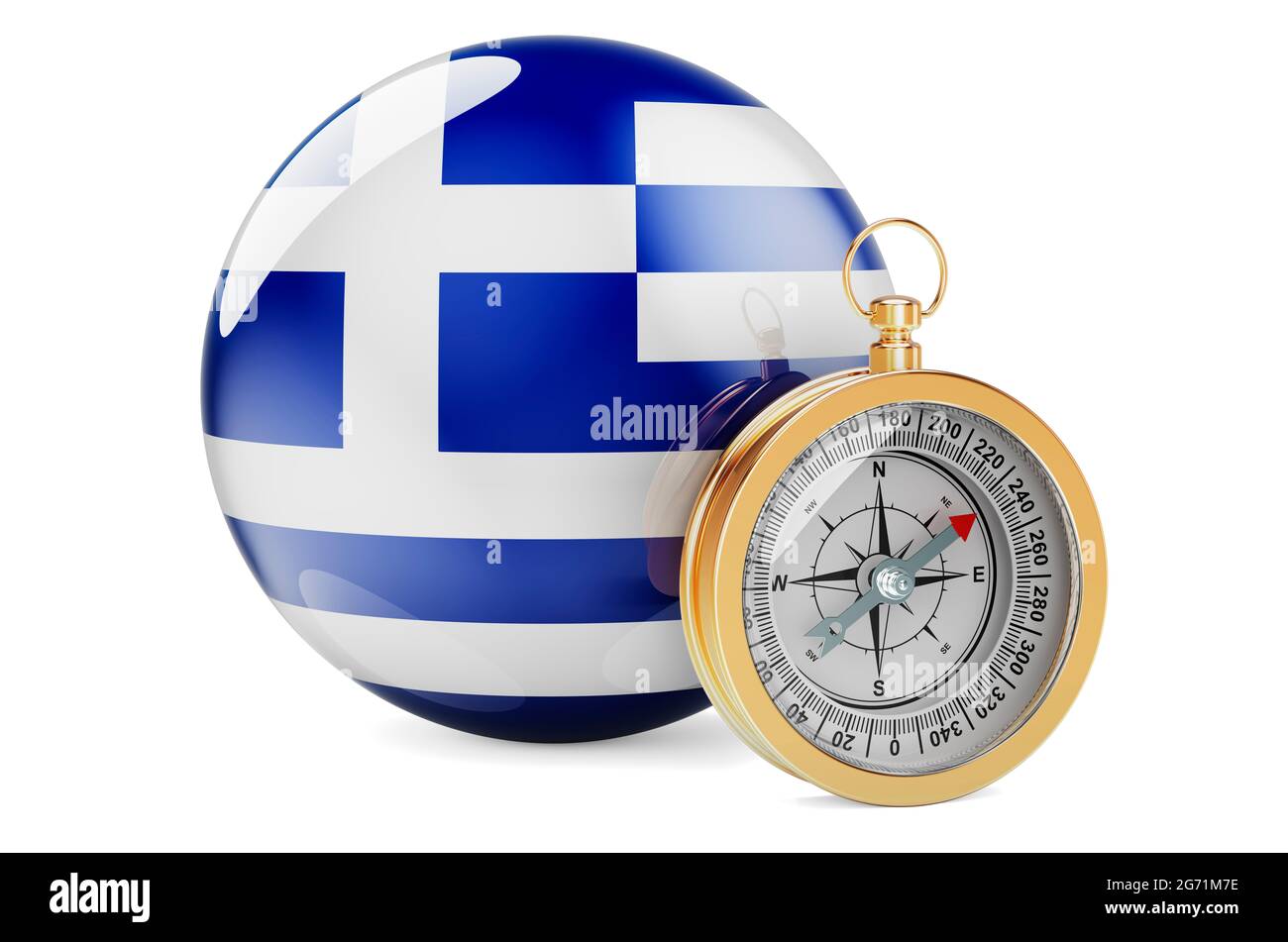 Compass with Greek flag. Travel and tourism in Greece concept. 3D