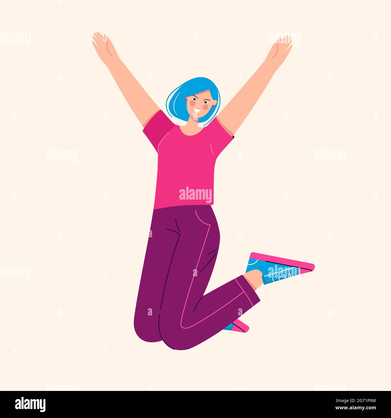Vector illustration of a young happy laughing woman girl jumping in the air and having fun Stock Vector