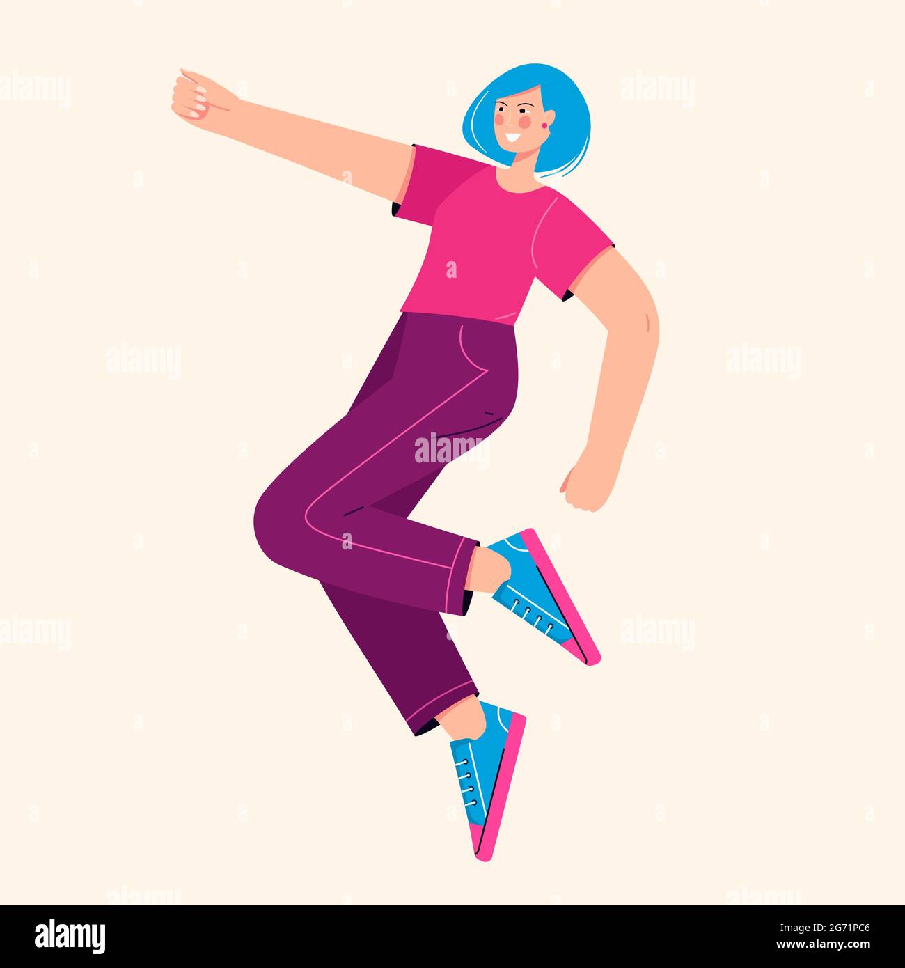 Vector illustration of a young happy laughing woman girl jumping in the air and having fun Stock Vector