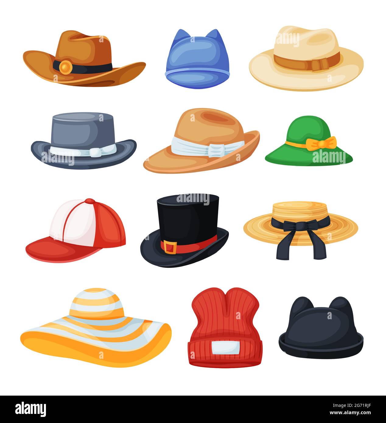 Cartoon headwear. Cowboy hat, fedora, beach sun hat, baseball cap, black  cylinder. Different types of men and women stylish hats vector set. Male  and female headgears for various events Stock Vector Image