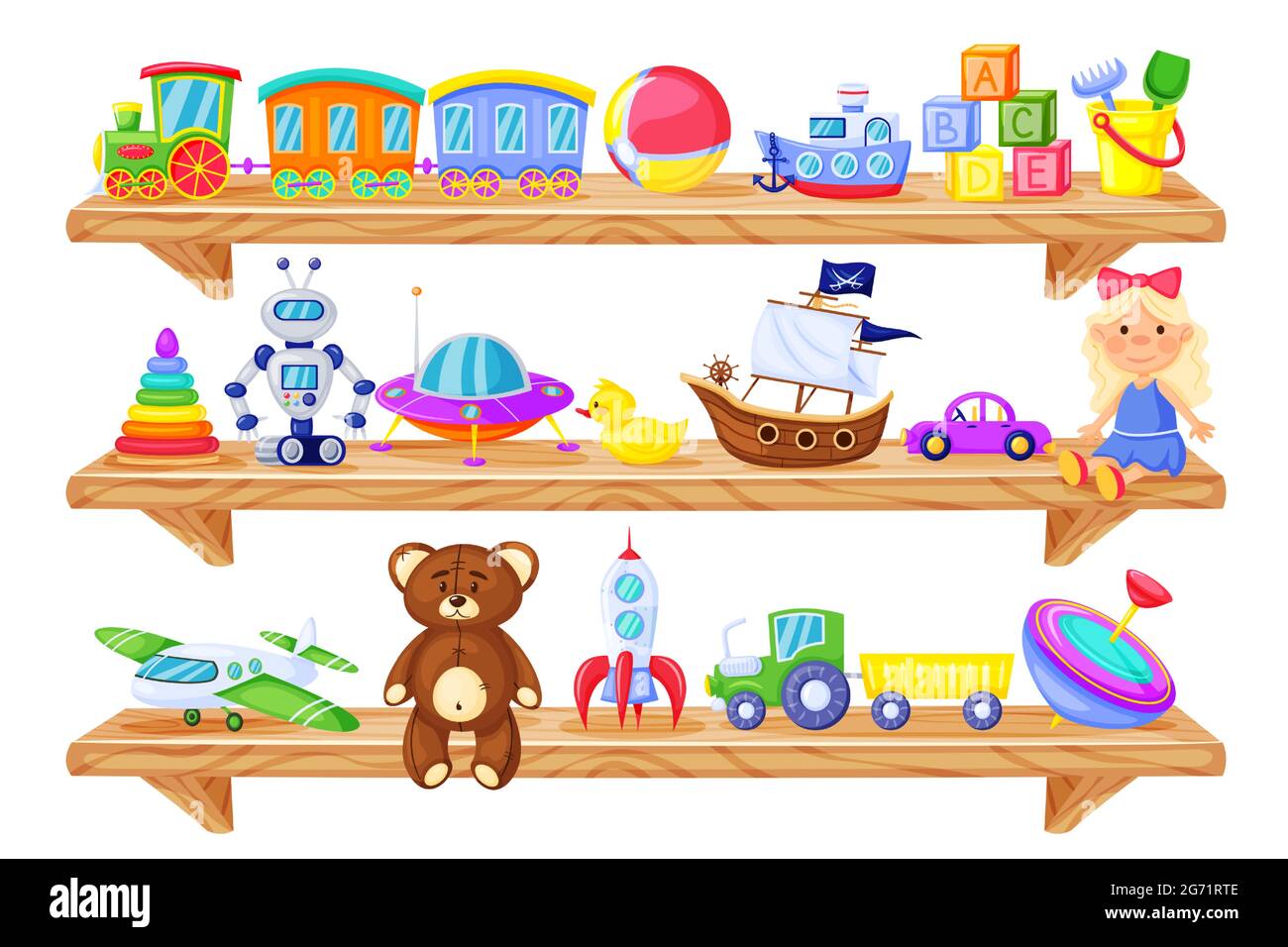 Toys on shelves. Cartoon wooden store shelf with kids toys baby doll, train, robot, teddy bear, rocket. Children plastic toy vector set. Nursery room with colorful objects for child game Stock Vector