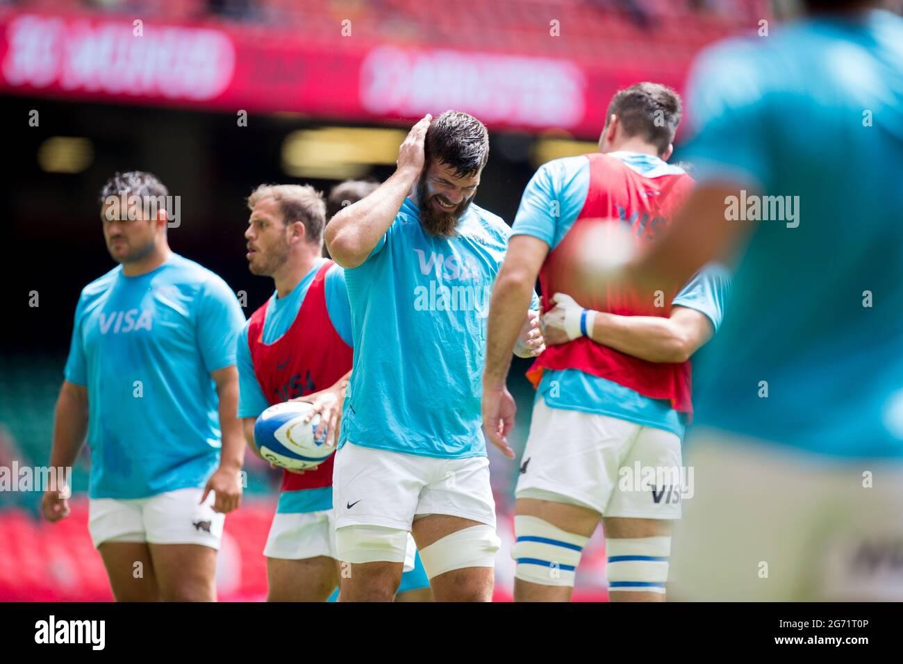 Cardiff, UK. July 10th :  Argentina squad warms up during the 2021 Summer Internationals match between Wales and Argentina at Principality Stadium. Stock Photo