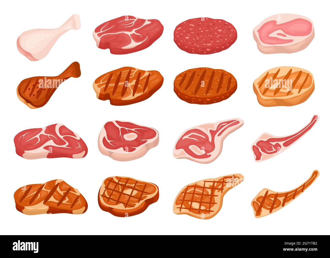 Fresh and grilled meat. Cartoon fried steak with grill marks. Chicken, pork, beef, burger patty. Raw, cooked and roasted meat vector set. Food for bbq, meal from butcher shop isolated Stock Vector