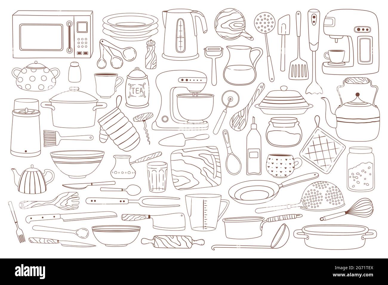 Kitchen utensils, cooking stuff hand drawn sketch set, collection