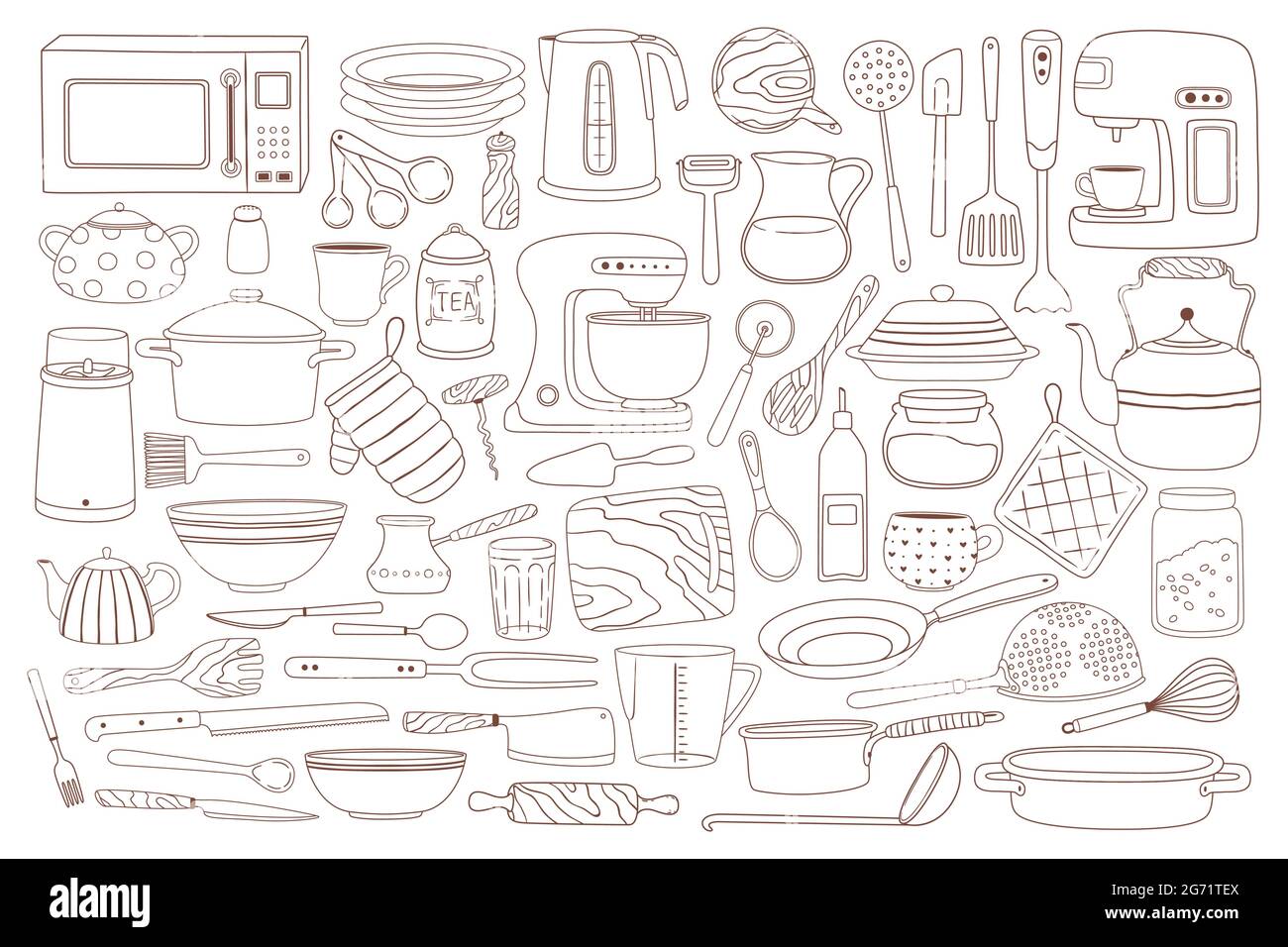 Kitchen Tools Ink Clipart Set Cooking Utensils Line Drawings, Hi