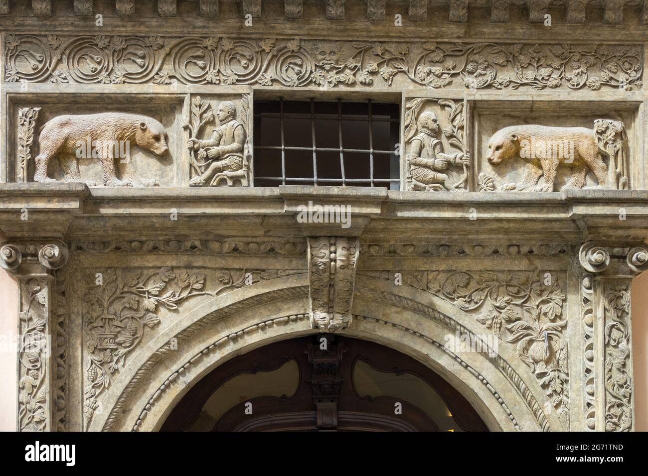 Renaissance portal of the House at the Two Golden Bears in Prague Old Town Czech Republic Stock Photo