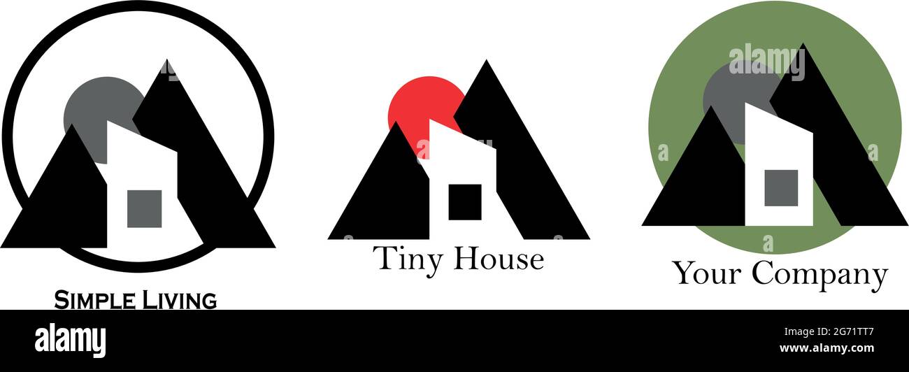 Tiny house with black mountain silhouettes and sun. Vector illustration logo of minimalist home in nature. Real estate, immo Stock Vector