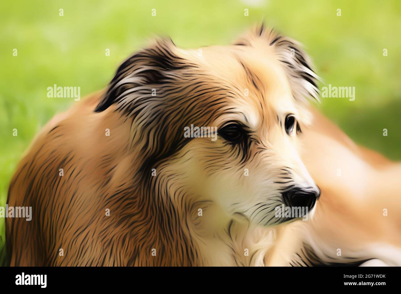 Portrait shot of a mixed breed dog from Romania in the garden at spring time in the style of a soft drawing with acrylic paints Stock Photo