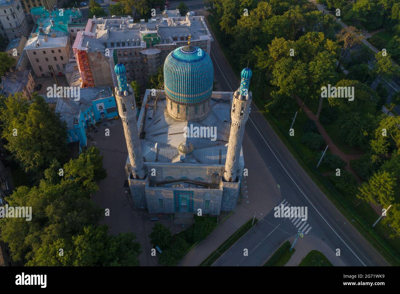 Above the old cathedral mosque on a warm July morning (shot from a quadcopter). Saint Petersburg, Russia Stock Photo
