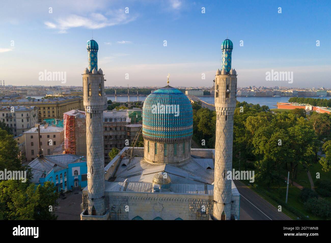 The minarets and dome of the cathedral mosque close-up on a sunny July morning. Saint-Petersburg, Russia Stock Photo