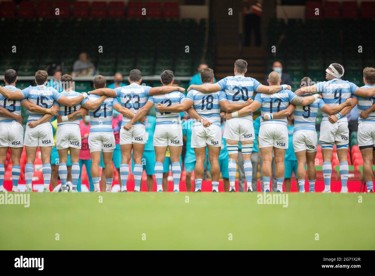Cardiff, UK. July 10th : Argentina squad warms up during the 2021 Summer Internationals match between Wales and Argentina at Principality Stadium. Stock Photo