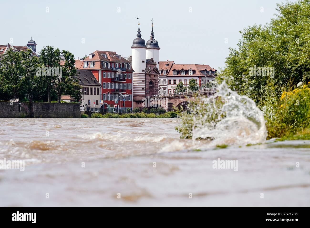 Heidelberg, Germany. 10th July, 2021. River water of the Neckar floods