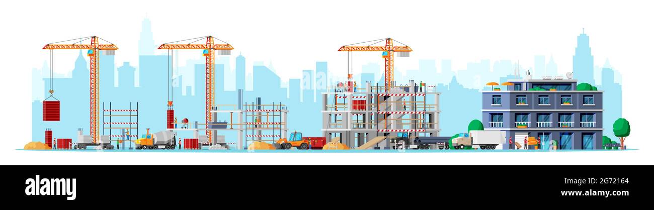 Construction Site Stages Isolated on White. Stock Vector