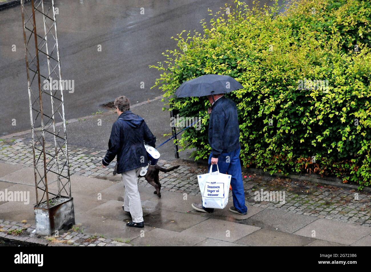 Kastrup/ Denmark. 10 July 2021,Senior couple walk in rain fall with pets  and shopping bags in Kastrup Denmark. (Photo..Francis Joseph Dean/Dean P  Stock Photo - Alamy