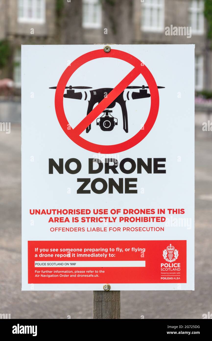 No drone zone sign on South Lawn, Balmoral Castle and Gardens, Royal Deeside, Aberdeenshire, Scotland, United Kingdom Stock Photo