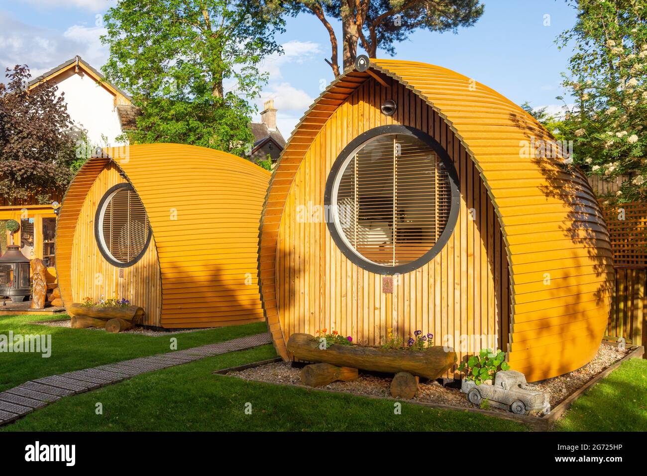Glamping pods at Eriskay B&B and Glamping, Aviemore, Cairngorms National Park, Highland, Scotland, United Kingdom Stock Photo