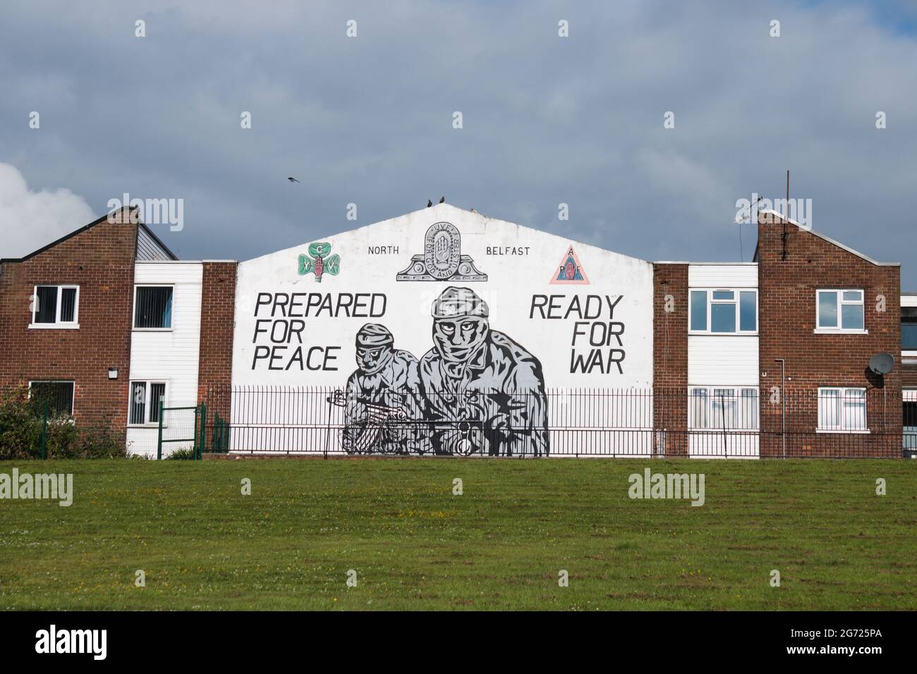 Mural 'Prepared for peace ready for war' , Shore Road, Belfast, Northern Ireland. Picture  date: 10th July 2021 Stock Photo