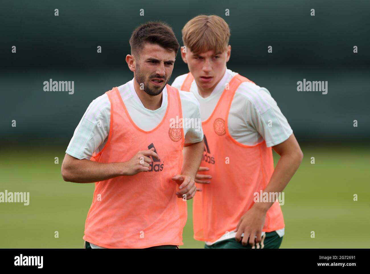 Celtic’s Greg Taylor (left) and Adam Montgomery warming up before the