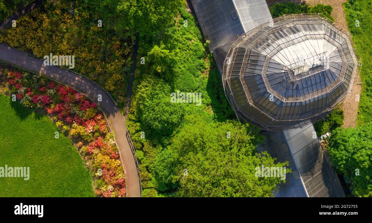 Glass greenhouse in the park. Aerial view Stock Photo Alamy