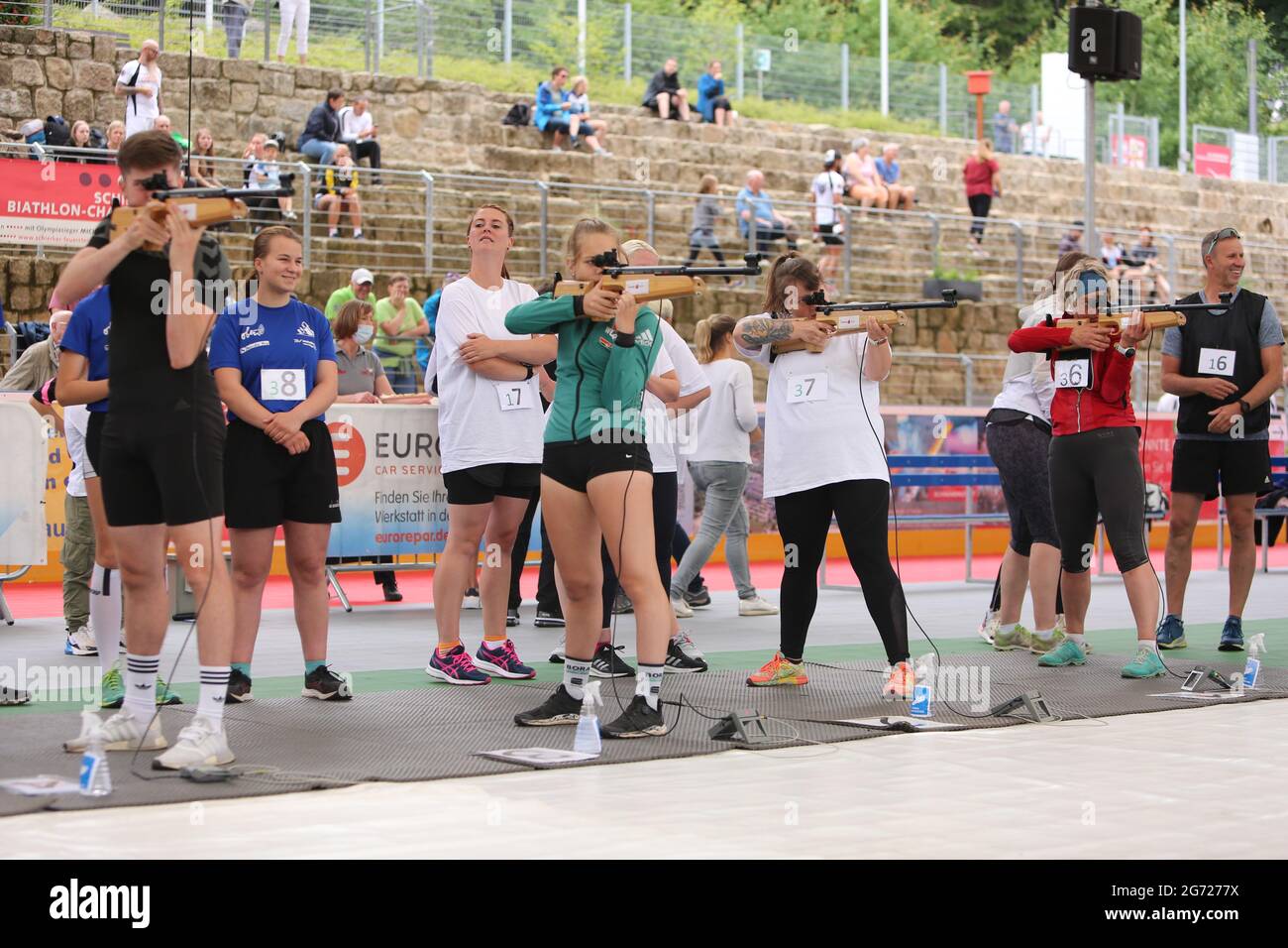 Schierke, Germany. 10th July, 2021. Participants of the Biathlon Challenge  during the competition in the Schierker Feuerstein Arena. This year's Biathlon  Challenge marked the start of events with an audience in the