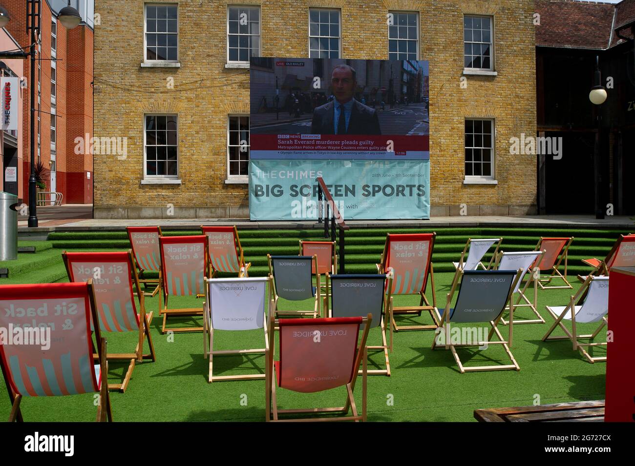 Uxbridge, London Borough of Hillingdon, 9th July, 2021. A big tv screen at the Chimes Shopping Centre in Uxbridge awaits football fans on Sunday when the UEFA Euro 2020 final takes place between England and Italy. Credit: Maureen McLean/Alamy Stock Photo