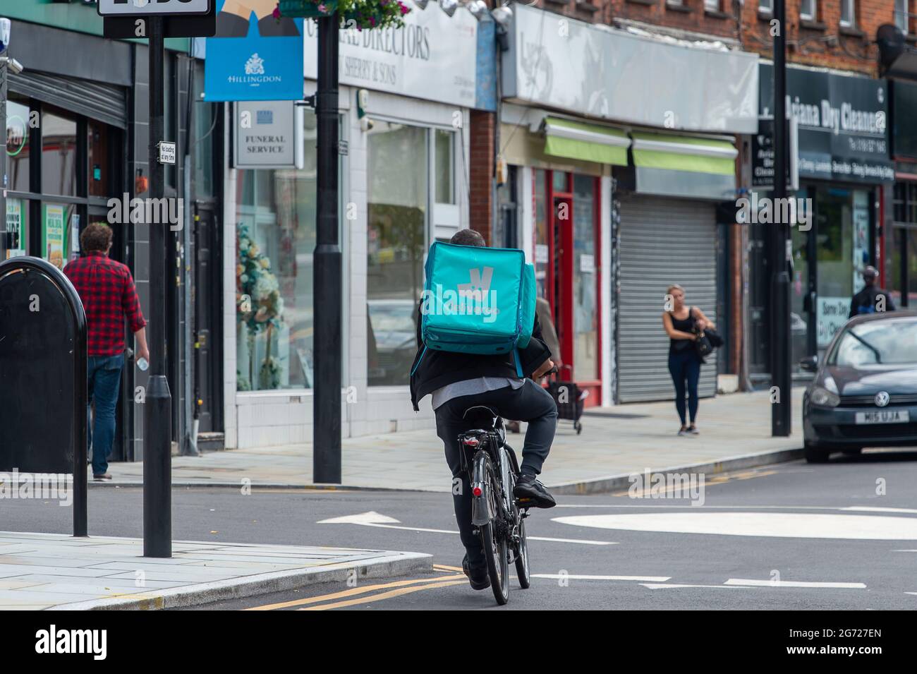 Uxbridge, London Borough of Hillingdon, 9th July, 2021. A Deliveroo