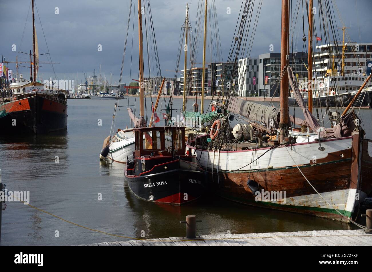 Bremerhaven August 2019: The port with ships in the background Stock Photo