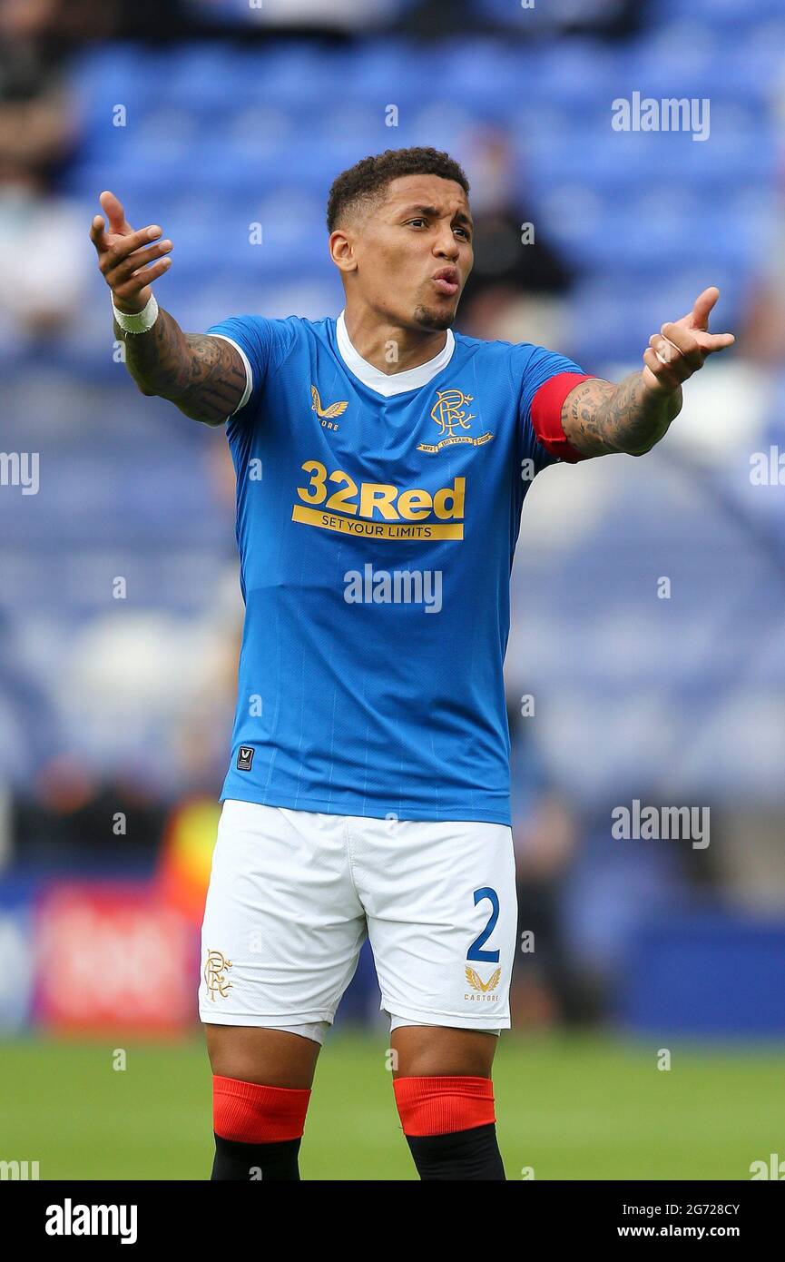 Birkenhead, UK. 10th July, 2021. James Tavernier (2) of Rangers holds his arms up. Pre-season friendly match, Tranmere Rovers v Rangers at Prenton Park, Birkenhead, Wirral on Saturday 10th July 2021. this image may only be used for Editorial purposes. Editorial use only, license required for commercial use. No use in betting, games or a single club/league/player publications.pic by Chris Stading/Andrew Orchard sports photography/Alamy Live News Credit: Andrew Orchard sports photography/Alamy Live News Stock Photo