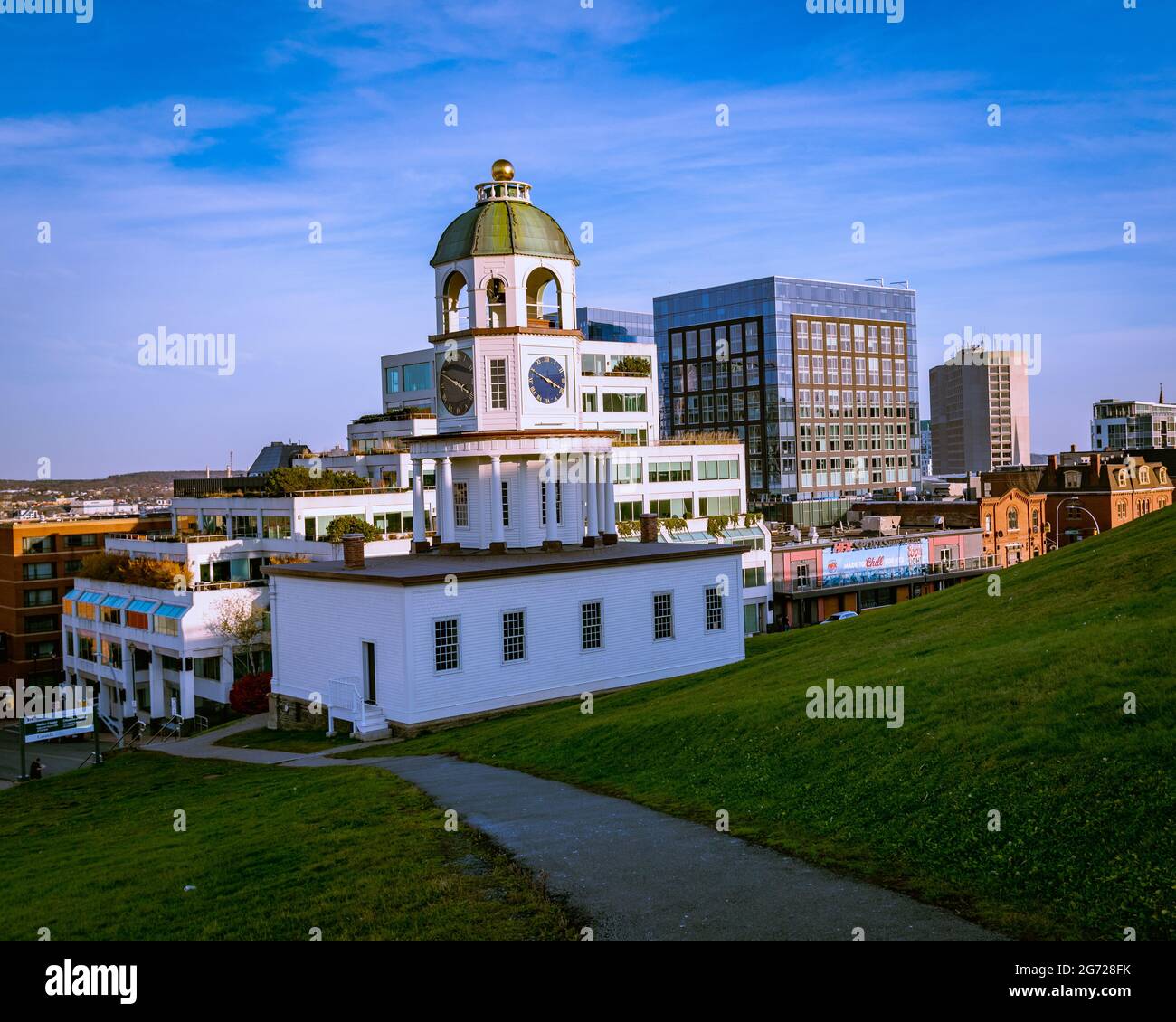 the halifax town clock over lookin the city from a hill side Stock Photo