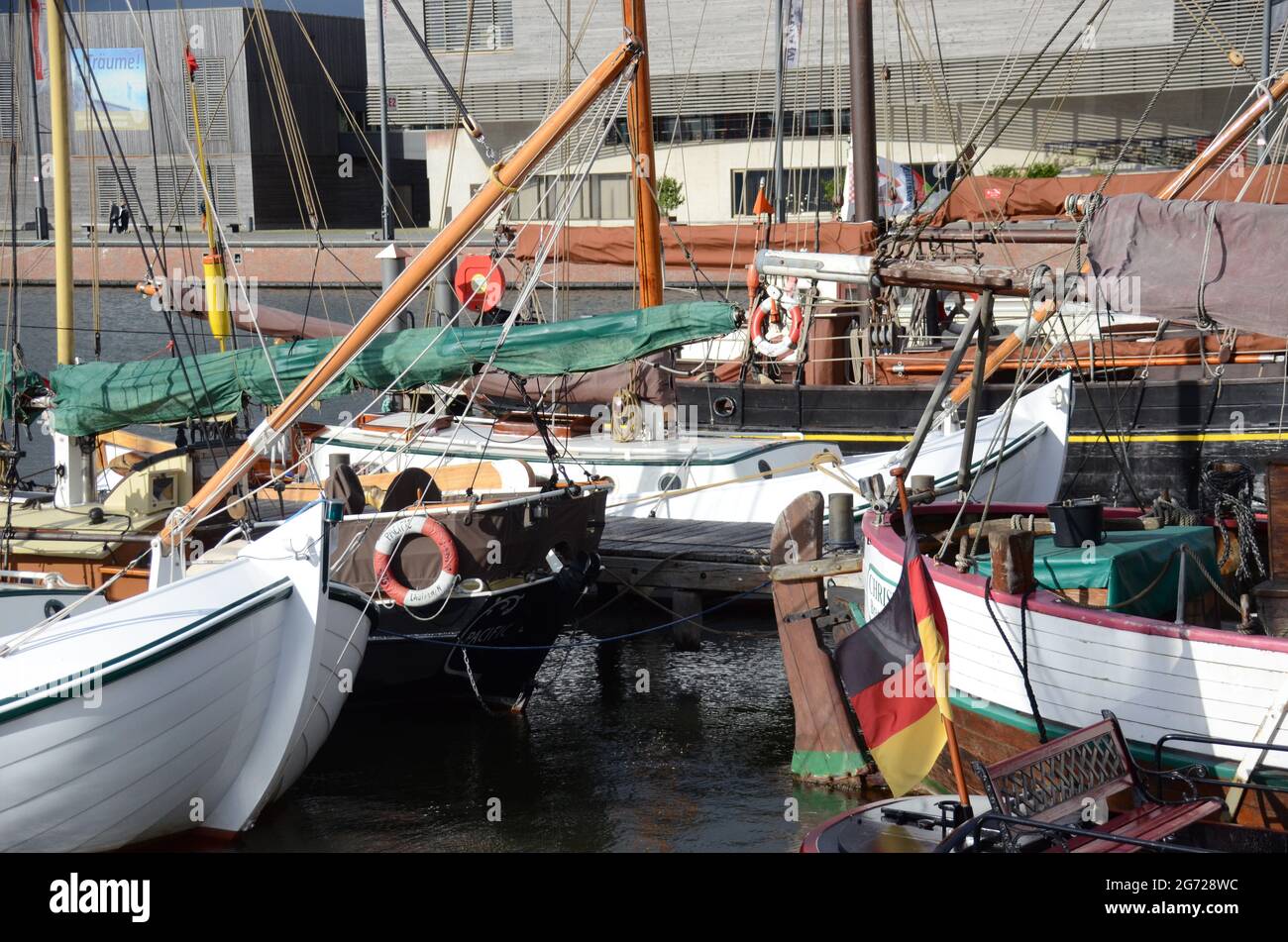 Bremerhaven August 2019: The port with ships in the background Stock Photo