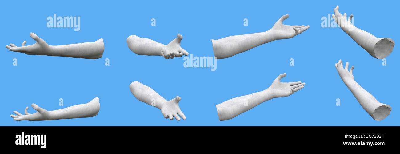 8 white concrete statue hand realistic renders isolated on blue, lights and shadows distribution example for artists or painters - 3d illustration of Stock Photo