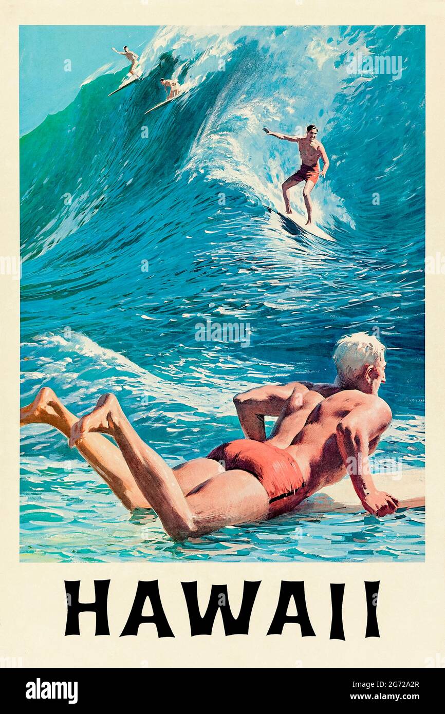 ‘Hawaii’ circa 1958 Tourism poster showing surfers featuring artwork by Chas Allen. Credit: Private Collection / AF Fotografie Stock Photo